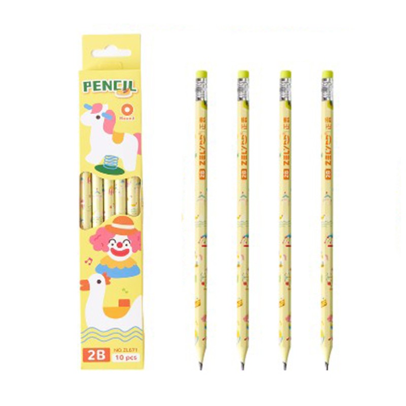 Set 10 Creioane Negre, Vivimall, 2B, pentru Elevi Scoala, cu Radiera, Model Galben cu Circ - vivimall.ro