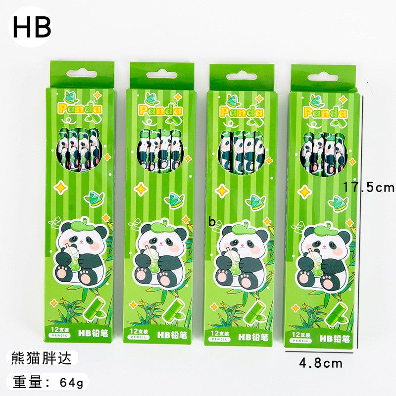 Set 12 Creioane Negre, Vivimall, 2B, pentru Elevi Scoala, cu Radiera, Model Verde cu Panda - vivimall.ro