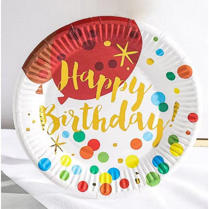 Set 10 Farfurii Unica Folosinta, Flippy, Imprimeu Happy Birthday Buline, din Carton, Diametru 18 cm, Multicolor