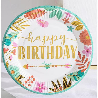 Set 10 Farfurii Unica Folosinta, Flippy, Imprimeu Happy Birthday Frunze, din Carton, Diametru 18 cm, Multicolor