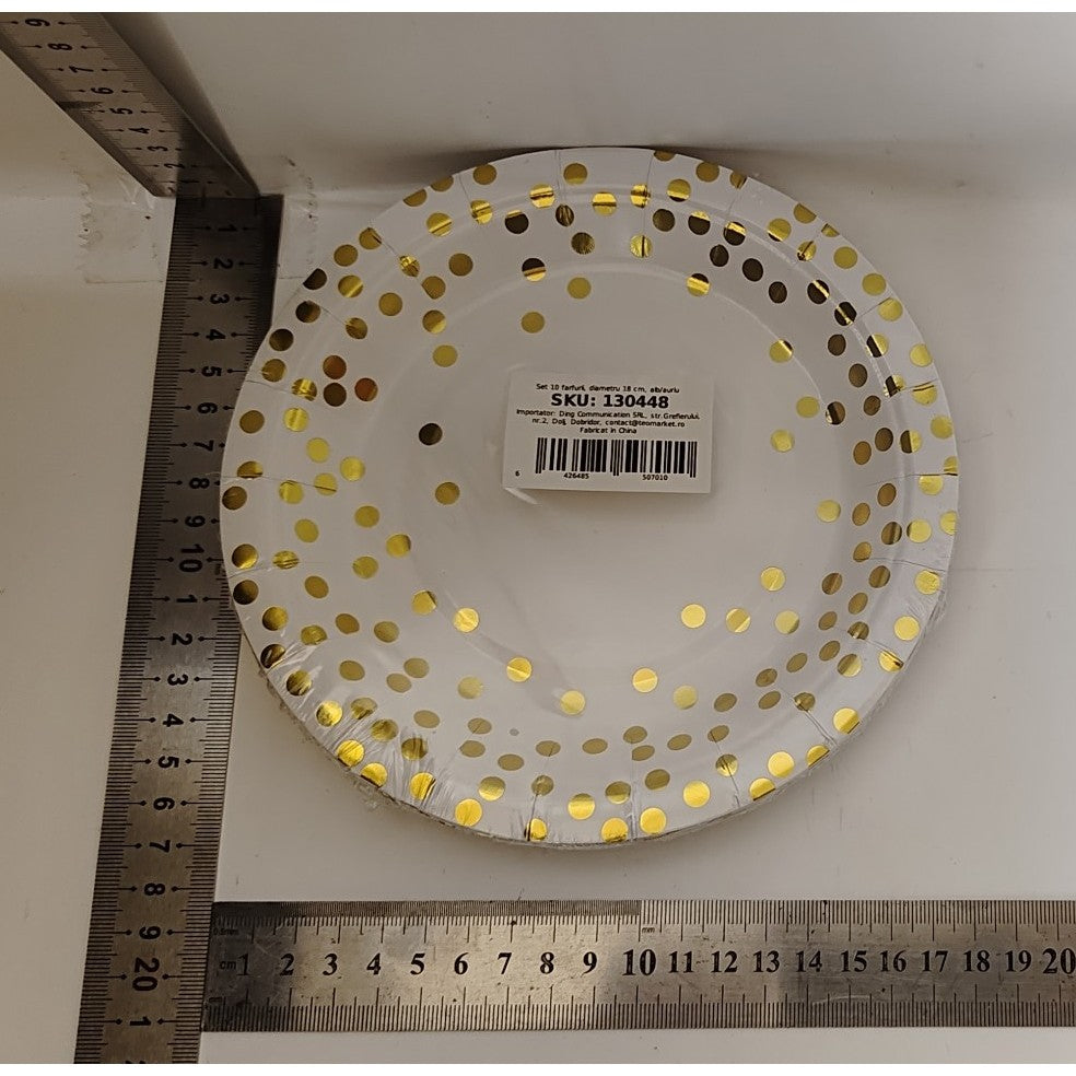 Set 10 Farfurii Unica Folosinta, Flippy, Imprimeu cu Buline, din Carton, Diametru 18 cm, Alb/Auriu