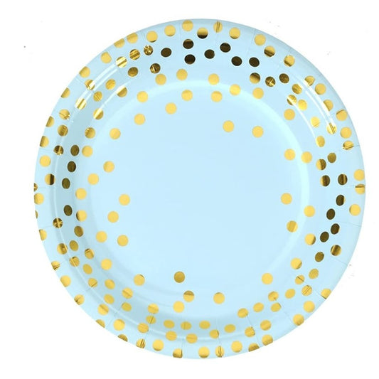 Set 10 Farfurii Unica Folosinta, Flippy, Imprimeu cu Buline, din Carton, Diametru 18 cm, Albastru/Auriu