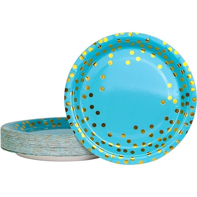 Set 10 Farfurii Unica Folosinta, Flippy, Imprimeu cu Buline, din Carton, Diametru 23 cm, Albastru/Auriu