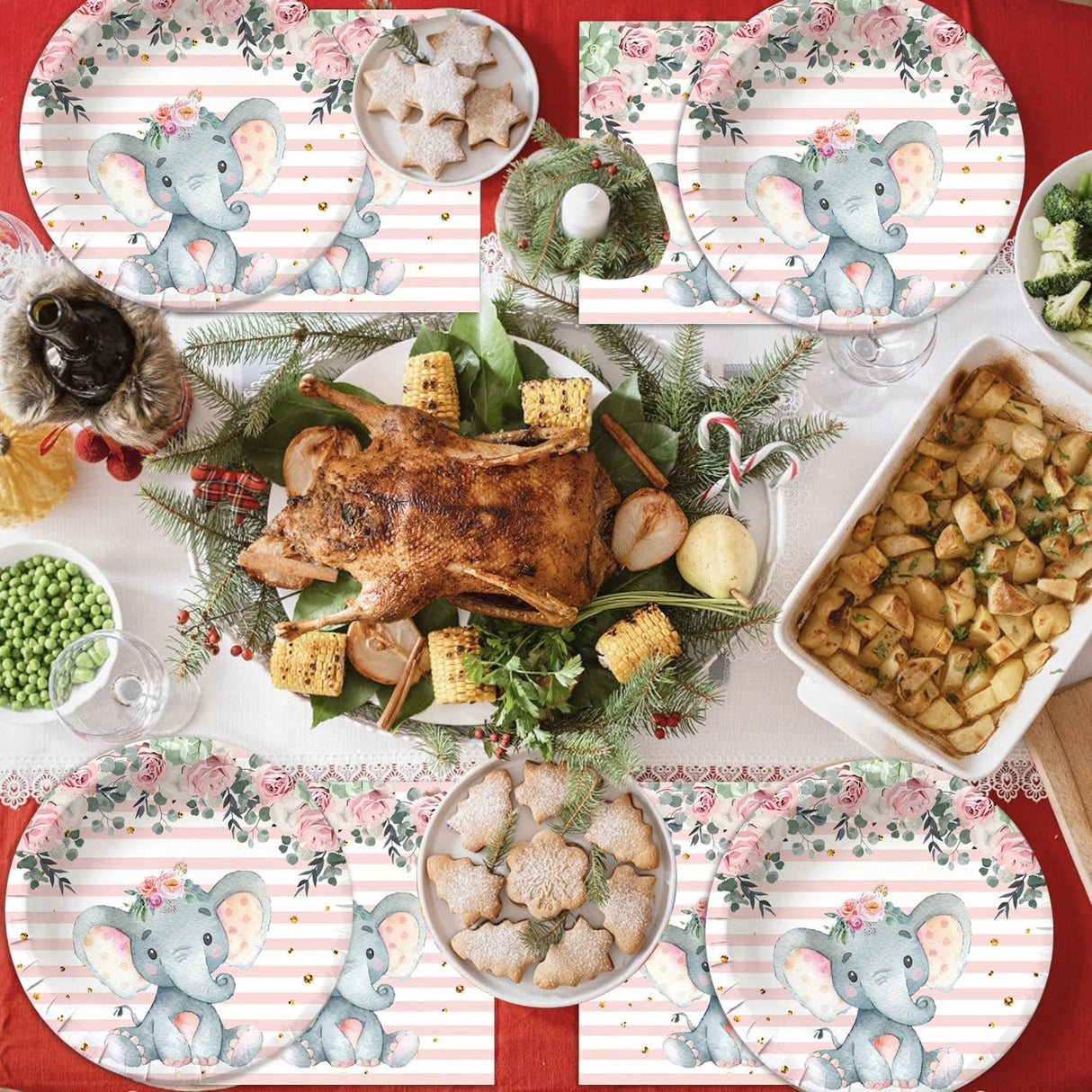 Set 10 Farfurii Unica Folosinta, Flippy, Imprimeu Elefant, din Carton, 22 cm, Roz