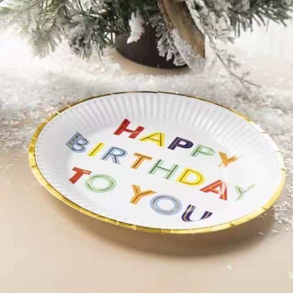Set 10 Farfurii Unica Folosinta, Flippy, Imprimeu Happy Birthday, din Carton, Diametru 18 cm, Alb