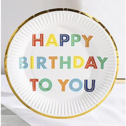 Set 10 Farfurii Unica Folosinta, Flippy, Imprimeu Happy Birthday, din Carton, Diametru 18 cm, Alb