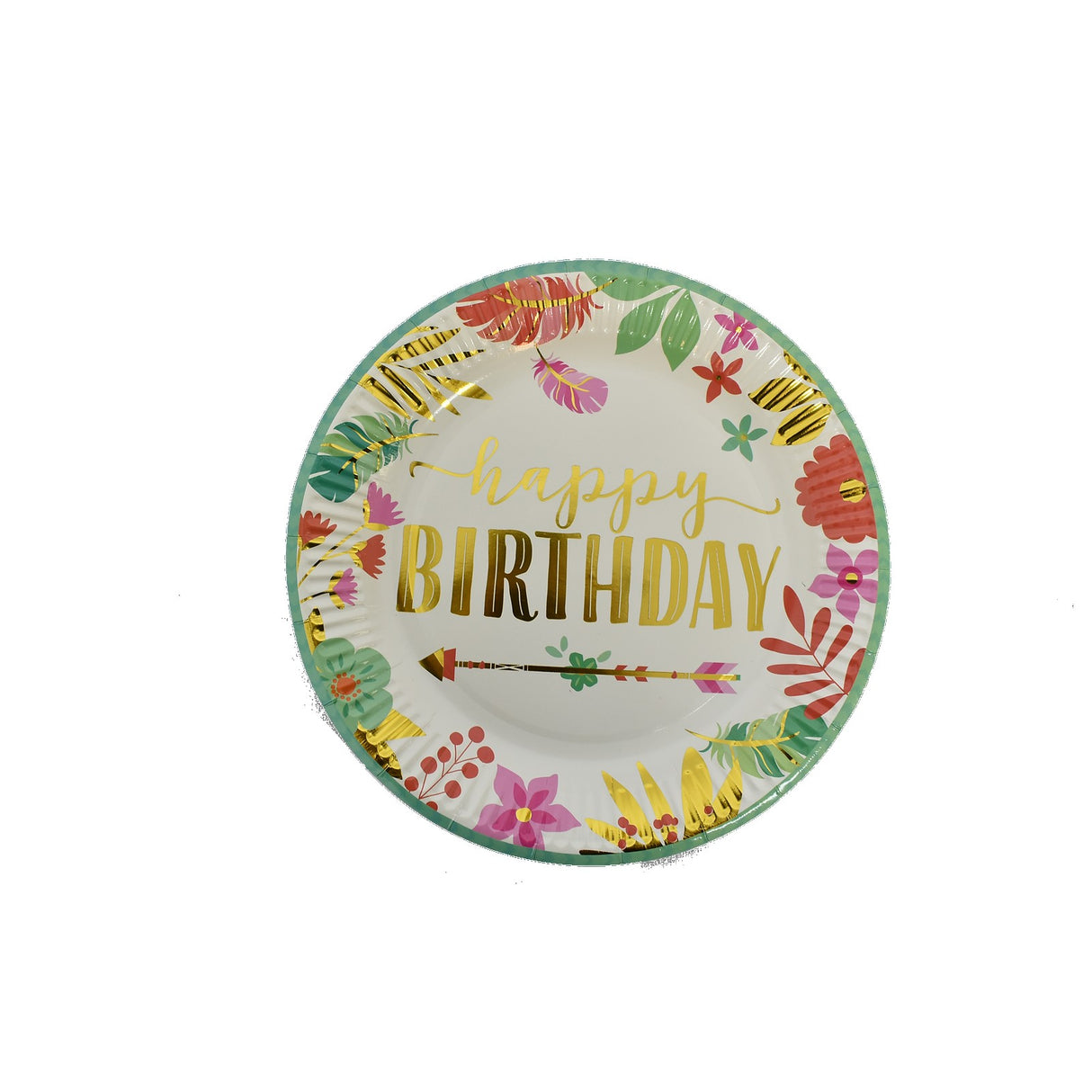 Set 10 Farfurii Unica Folosinta, Flippy, Imprimeu Happy Birthday Frunze, din Carton, Diametru 18 cm, Multicolor