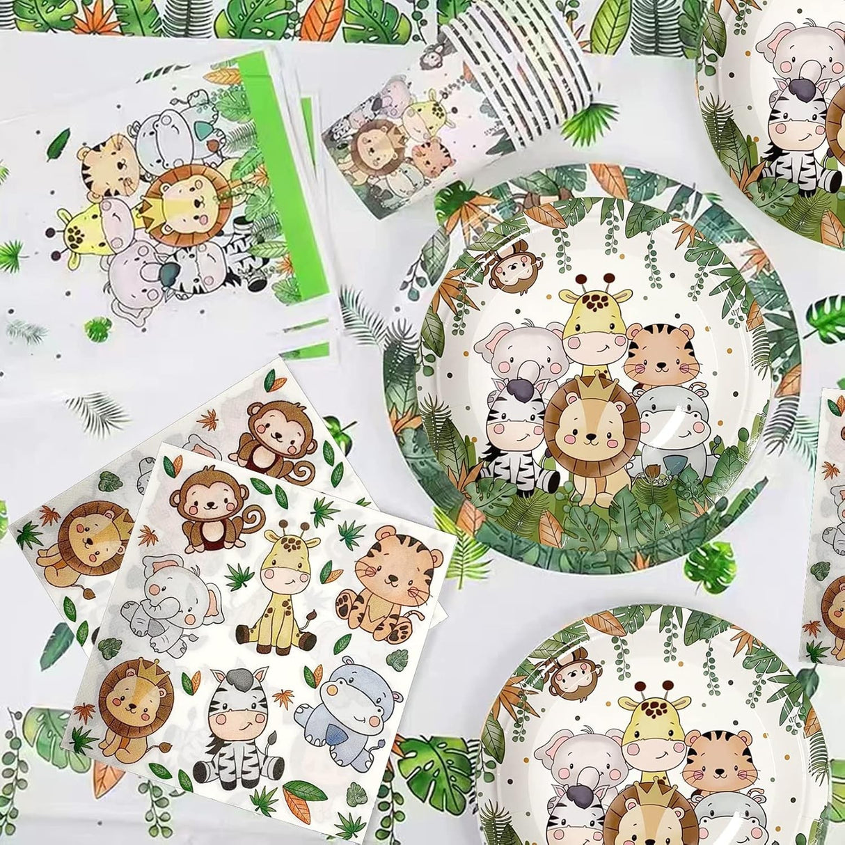 Set 10 Farfurii Unica Folosinta, Flippy, Imprimeu Jungle, din Carton, 22 cm, Verde