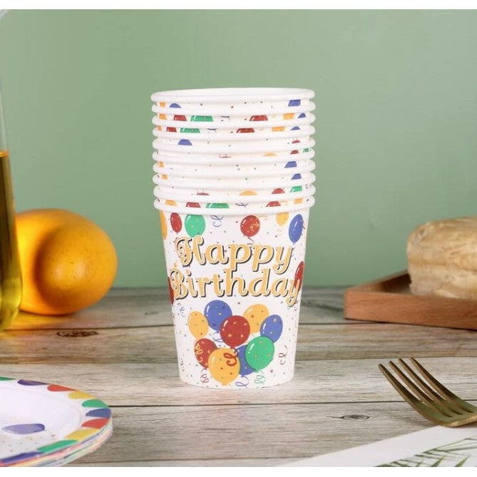 Set 10 Pahare, Flippy, Imprimeu Happy Birthday, Baloane din Carton, 230 ml, 7.5 x 8.6 cm, Multicolor