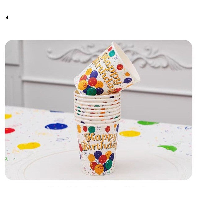 Set 10 Pahare, Flippy, Imprimeu Happy Birthday, Baloane din Carton, 230 ml, 7.5 x 8.6 cm, Multicolor