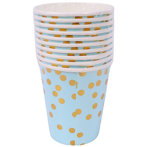 Set 10 Pahare, Flippy, Imprimeu cu Buline, din Carton, 250 ml, 7.5 x 8.5 x 5.2 cm, Albastru/Auriu