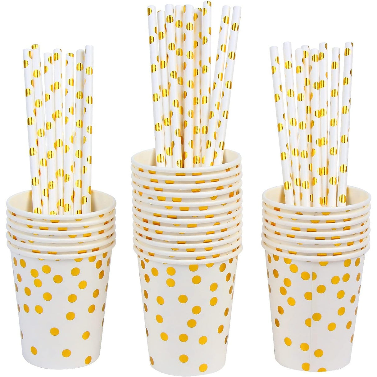 Set 10 Pahare, Flippy, Imprimeu cu Buline, din Carton, 250 ml, 7.5 x 8.5 x 5.2 cm, Auriu