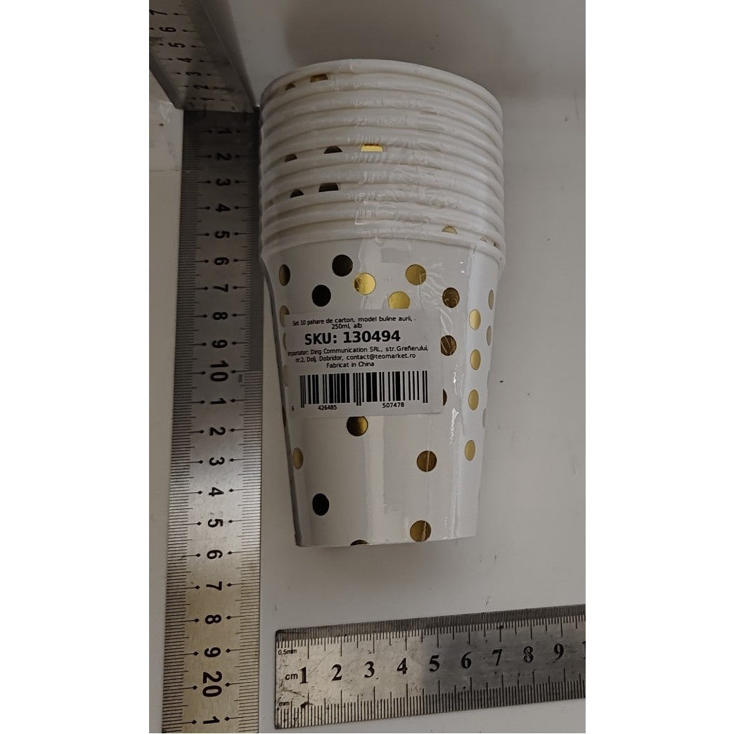 Set 10 Pahare, Flippy, Imprimeu cu Buline, din Carton, 250 ml, 7.5 x 8.5 x 5.2 cm, Auriu