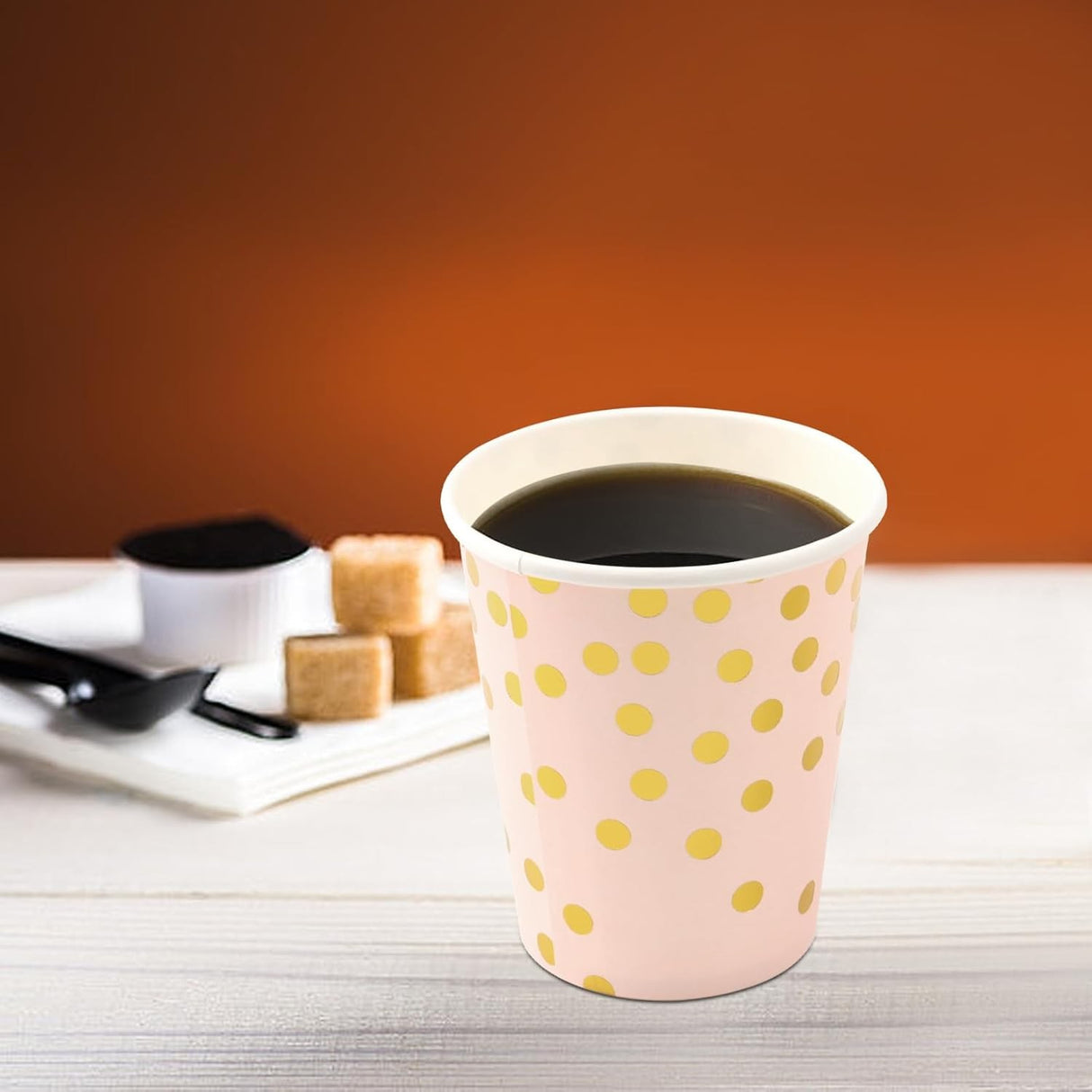 Set 10 Pahare, Flippy, Imprimeu cu Buline, din Carton, 250 ml, 7.5 x 8.5 x 5.2 cm, Roz/Auriu