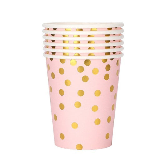 Set 10 Pahare, Flippy, Imprimeu cu Buline, din Carton, 250 ml, 7.5 x 8.5 x 5.2 cm, Roz/Auriu