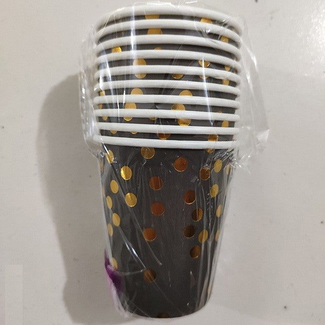 Set 10 Pahare, Flippy, Imprimeu cu Buline, din Carton, 250 ml, 7 x 8.5 x 5 cm, Negru/Auriu