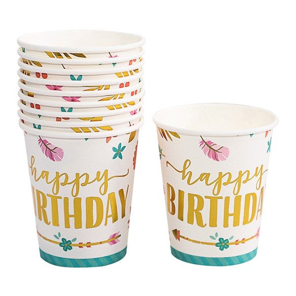 Set 10 Pahare, Flippy, Imprimeu Happy Birthday Gold, din Carton, 250 ml, 7.5 x 8.5 x 5.2 cm, Multicolor