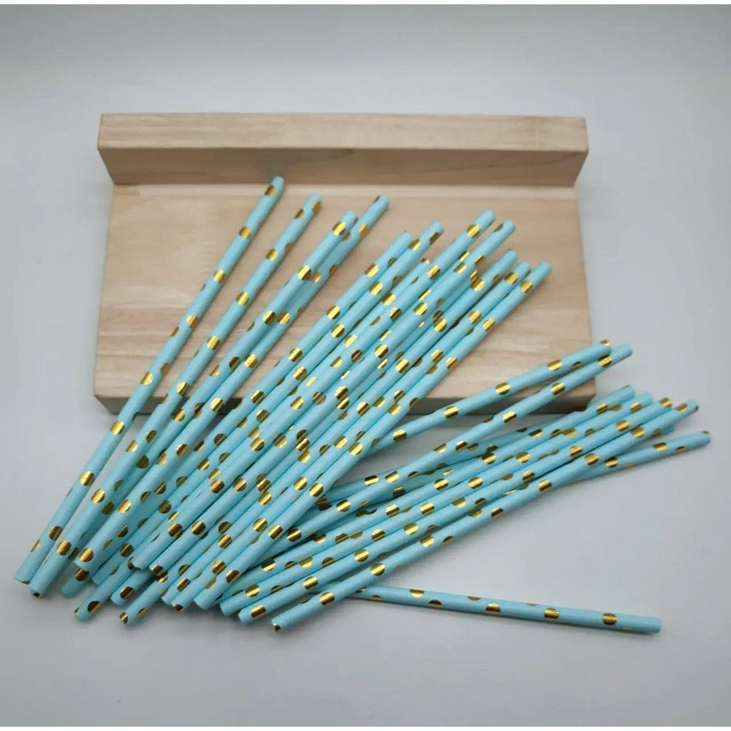 Set 10 Paie, Flippy, din Hartie, 19.5 cm, Model cu Buline Aurii, Albastru