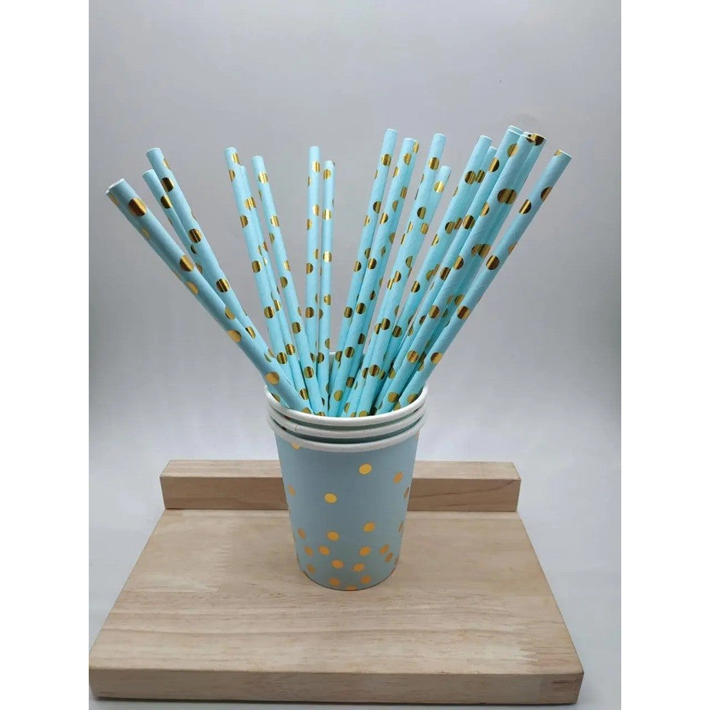 Set 10 Paie, Flippy, din Hartie, 19.5 cm, Model cu Buline Aurii, Albastru