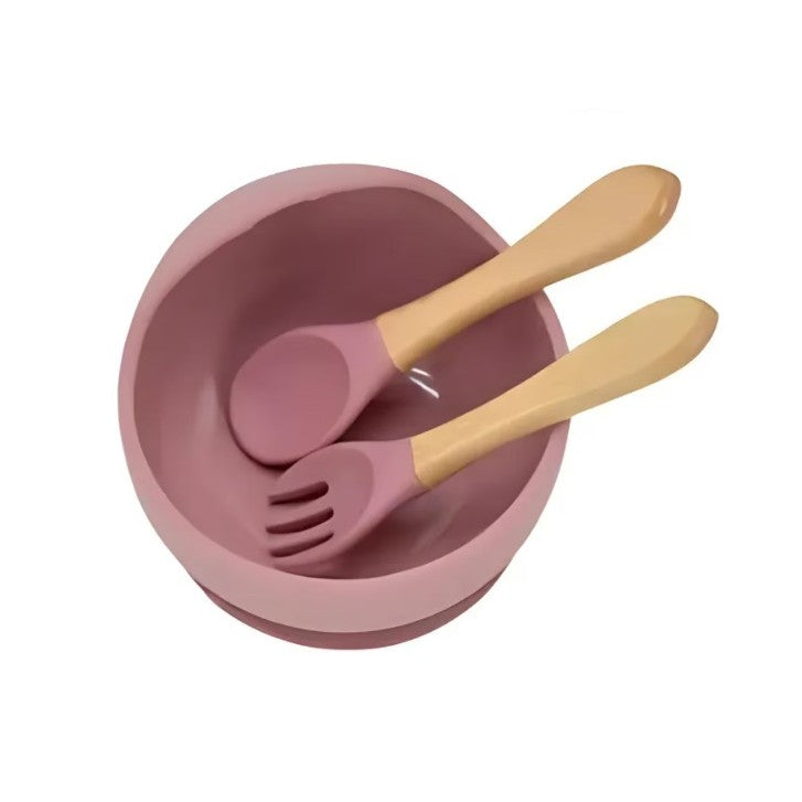 Set 10 Piese Servire Masa. Flippy, pentru Bebelusi si Copii, din Silicon/Lemn, cu Ventuze Anti-alunecare, fara Alergeni. +6 Luni, Model Elefant, Maro