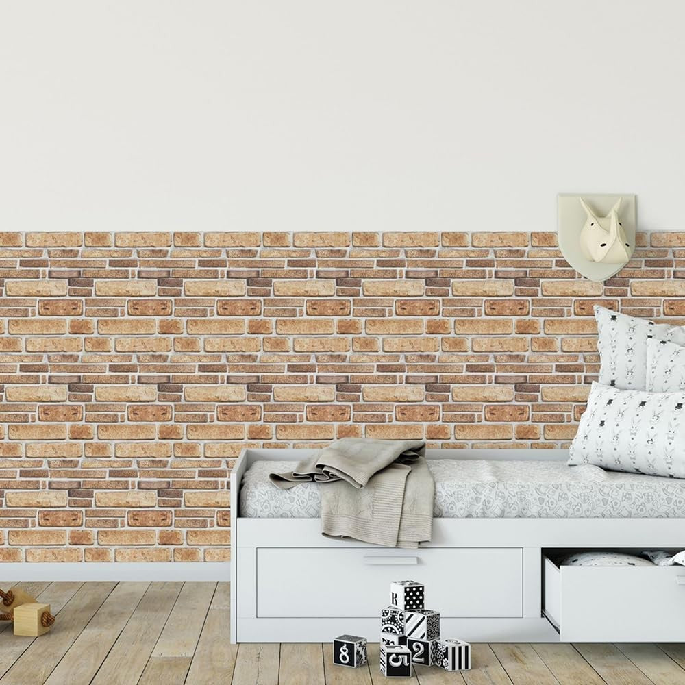 Set 10 Placi Tapet 3D, Vivimall, 30 x 30 cm, din PVC, Tip Piatra, Suprafata acoperita 0.9 mp, Autoadeziv, Bej - vivimall.ro