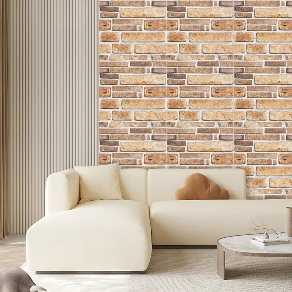 Set 10 Placi Tapet 3D, Vivimall, 30 x 30 cm, din PVC, Tip Piatra, Suprafata acoperita 0.9 mp, Autoadeziv, Bej - vivimall.ro