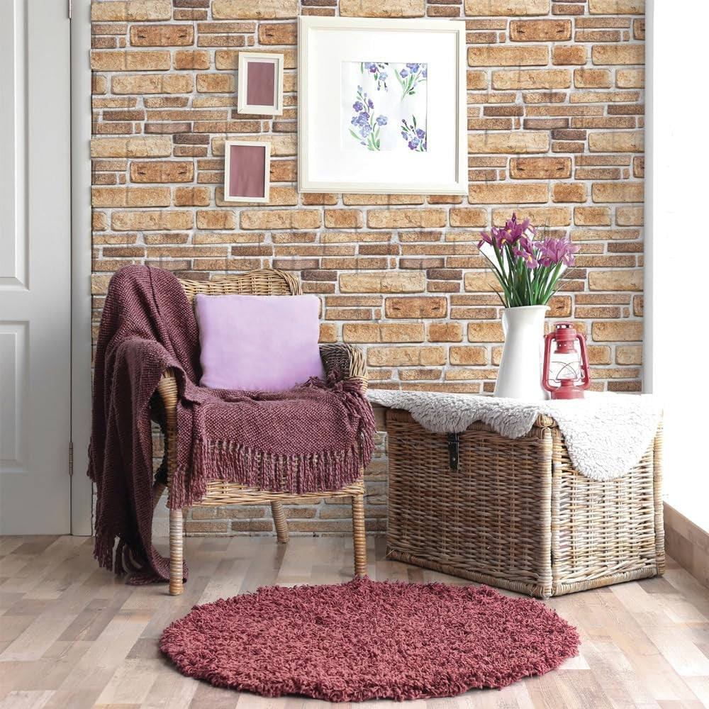 Set 10 Placi Tapet 3D, Vivimall, 30 x 30 cm, din PVC, Tip Piatra, Suprafata acoperita 0.9 mp, Autoadeziv, Bej - vivimall.ro