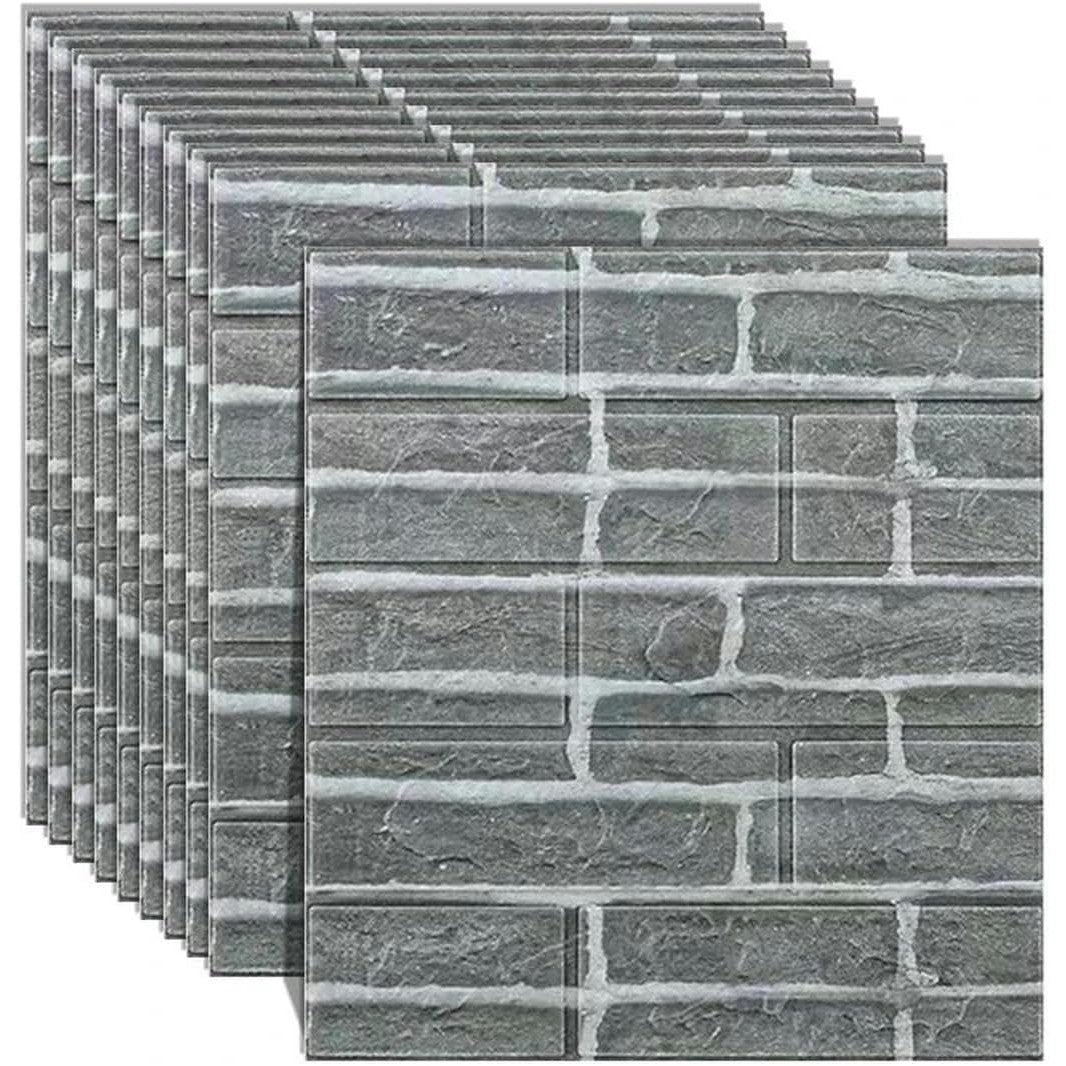 Set 10 Placi Tapet 3D, Flippy, 35 x 38 cm, Grosime 3 mm, din Polietilena, Model Caramida, Suprafata acoperita 1.33 mp, Gri