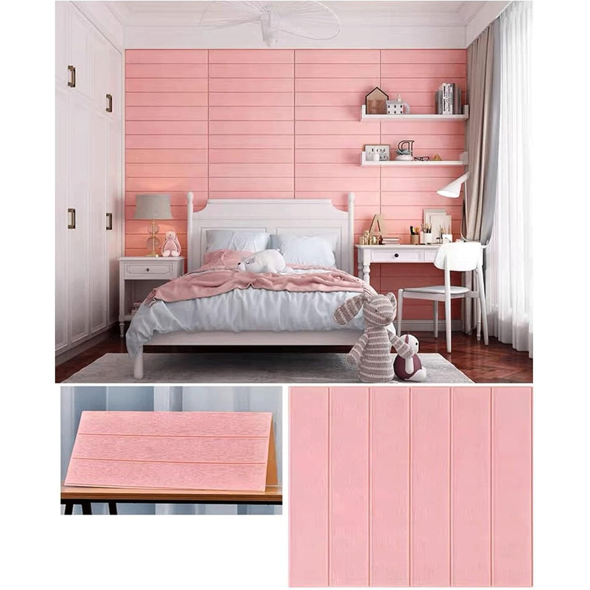 Set 10 Placi Tapet 3D, Vivimall, 70 x 70 cm, Grosime 3 mm, din Rasina, Tip Placi de Lemn, Suprafata Acoperita 4.9 mp, Roz Pudrat - vivimall.ro