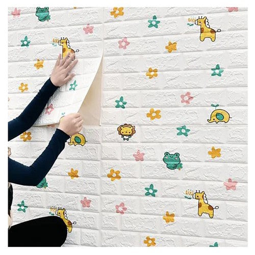 Set 10 Placi Tapet 3D, Vivimall, 70 x 77 cm, Grosime 3 mm, din Polietilena, Tip Caramida, Model Animalute si Floricele, Suprafata acoperita 5.3 mp, Alb - vivimall.ro