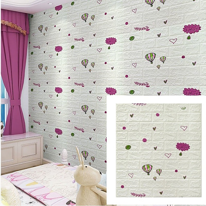 Set 10 Placi Tapet 3D, Vivimall, 70 x 77 cm, Grosime 3 mm, din Polietilena, Tip Caramida, Model cu Baloane, Suprafata acoperita 5.3 mp, Alb - vivimall.ro