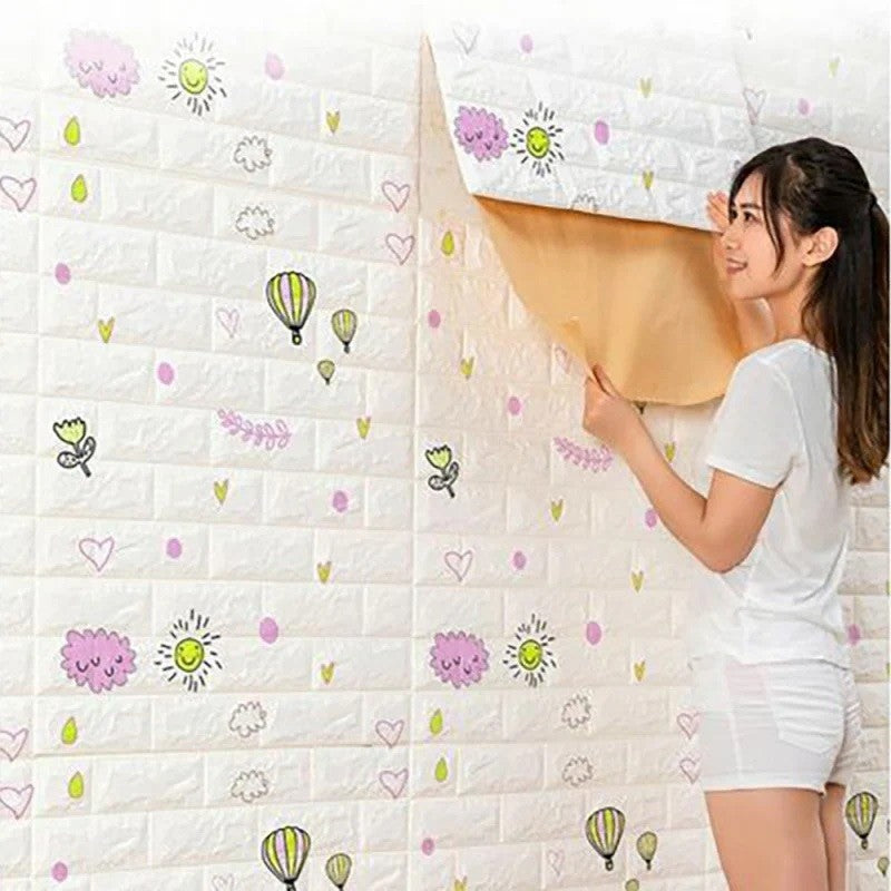 Set 10 Placi Tapet 3D, Vivimall, 70 x 77 cm, Grosime 3 mm, din Polietilena, Tip Caramida, Model cu Baloane, Suprafata acoperita 5.3 mp, Alb - vivimall.ro