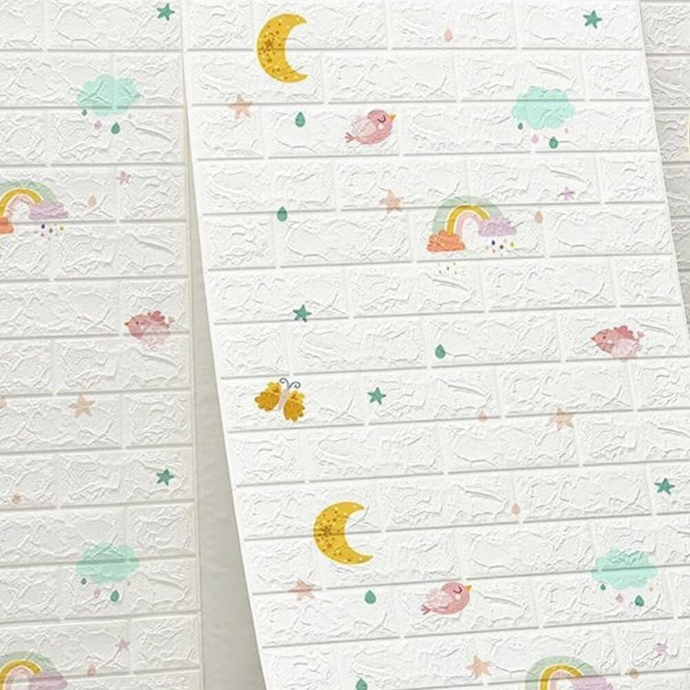 Set 10 Placi Tapet 3D, Vivimall, 70 x 77 cm, Grosime 3 mm, din Polietilena, Tip Caramida, Model Curcubeu, Suprafata acoperita 5.3 mp, Alb - vivimall.ro