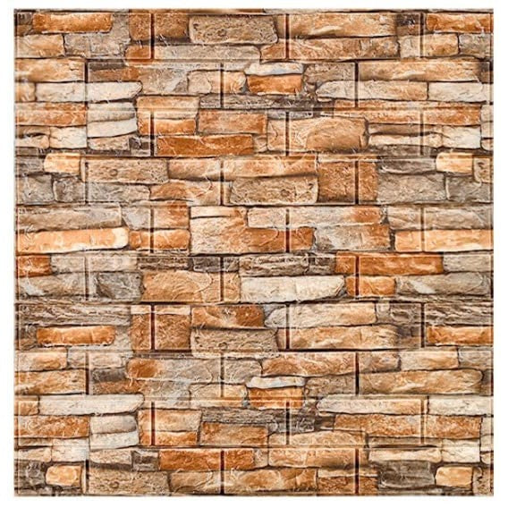 Set 10 Placi Tapet 3D, Vivimall, 70 x 77 cm, Grosime 3 mm, din Polietilena, Model Caramida, Suprafata acoperita 5.3 mp, Piatra Galbena