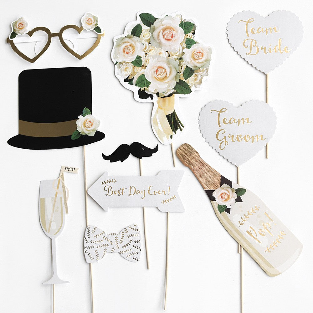 Set 10 Accesorii pentru Petrecere, Vivimall, Props pentru Coltul de Poze, Model Mire si Mireasa, Tematica Nunta, Multicolor - vivimall.ro