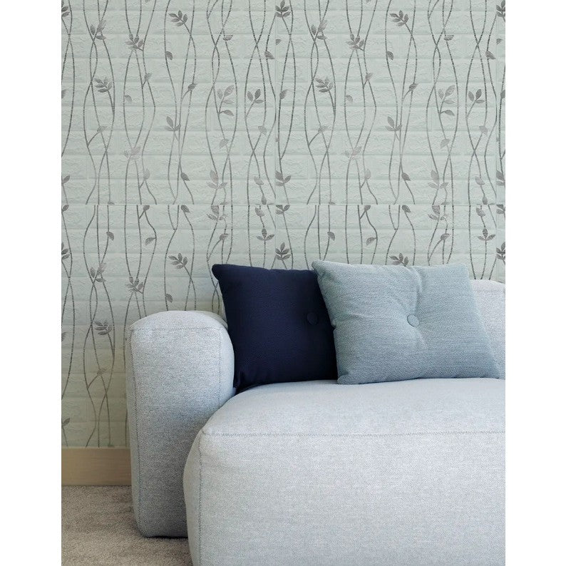 Set 10 Placi de Tapet, Vivimall, Autoadezive, 70 x 77 cm, Suprafata Acoperita 5.3 mp, din PVC, Model Frunze Argintii, Gri - vivimall.ro