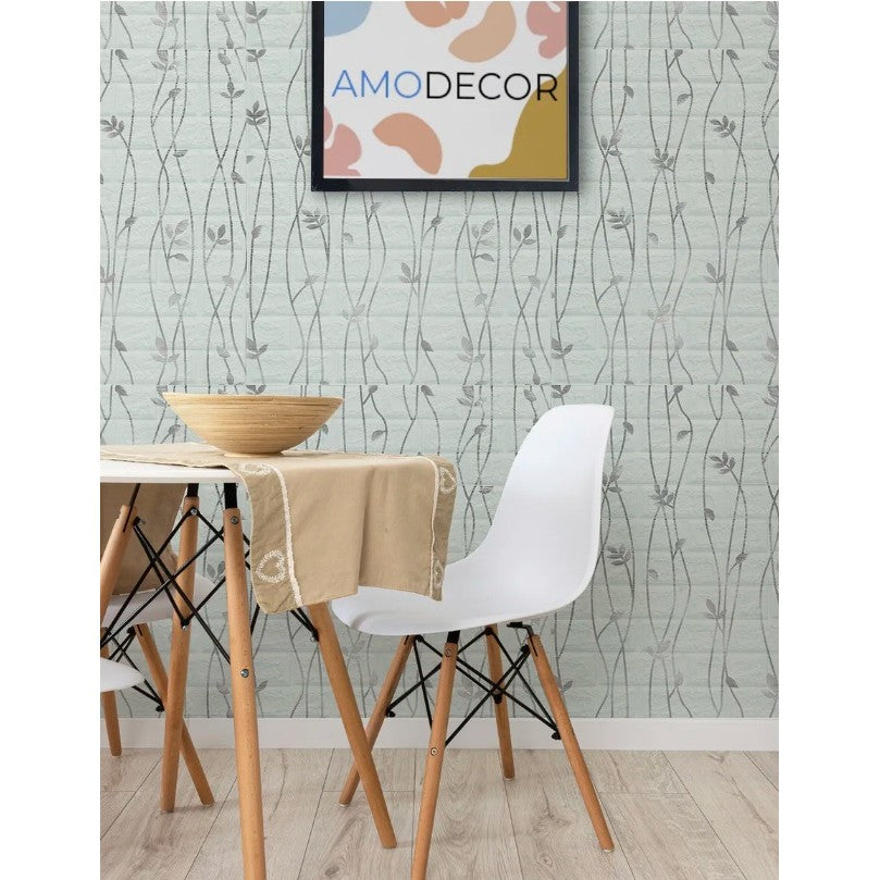 Set 10 Placi de Tapet, Vivimall, Autoadezive, 70 x 77 cm, Suprafata Acoperita 5.3 mp, din PVC, Model Frunze Argintii, Gri - vivimall.ro