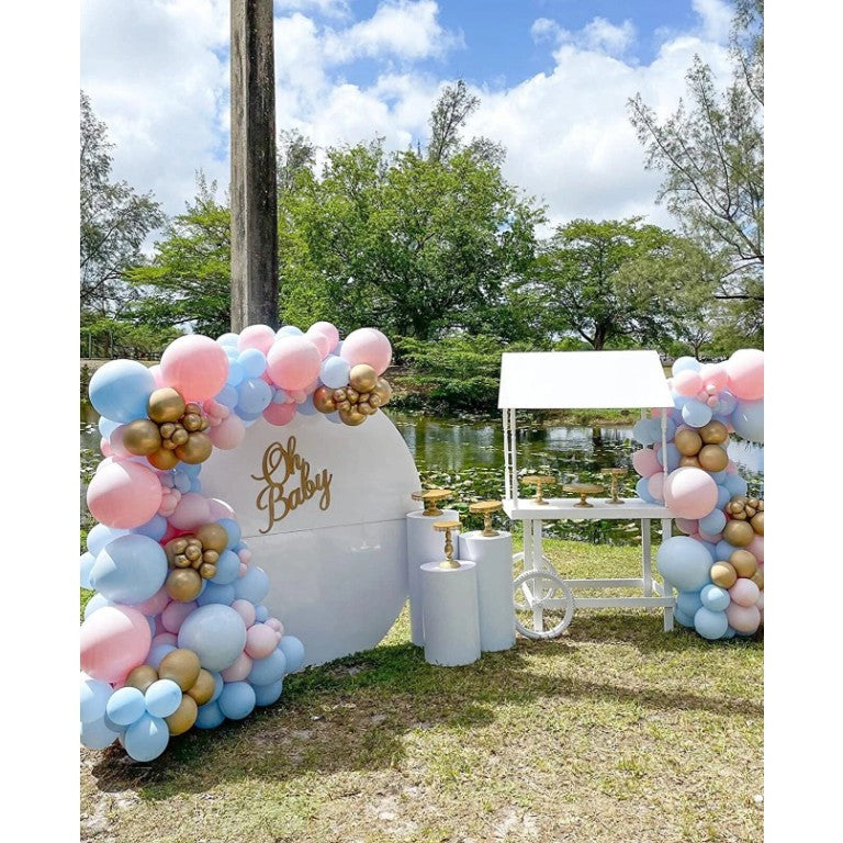 Baloane decorative pentru BABY SHOWER, Vivimall, Arcada Set 106 baloane din latex, Model Petrecere, Baloane Party, 12 cm, 30 cm, 45 cm, Roz, Albastru, Gold