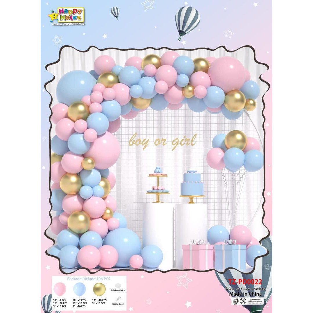 Baloane decorative pentru BABY SHOWER, Vivimall, Arcada Set 106 baloane din latex, Model Petrecere, Baloane Party, 12 cm, 30 cm, 45 cm, Roz, Albastru, Gold