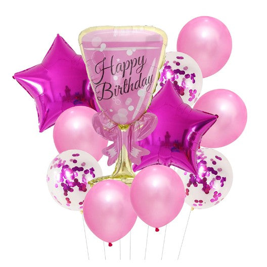 Set baloane Happy Birthday, Flippy, set din 11 bucati, Balon Pahar 93 cm, 2 baloane stea 45 cm, 5 baloane latex 30 cm, 3 baloane cu paiete 30 cm, Mov