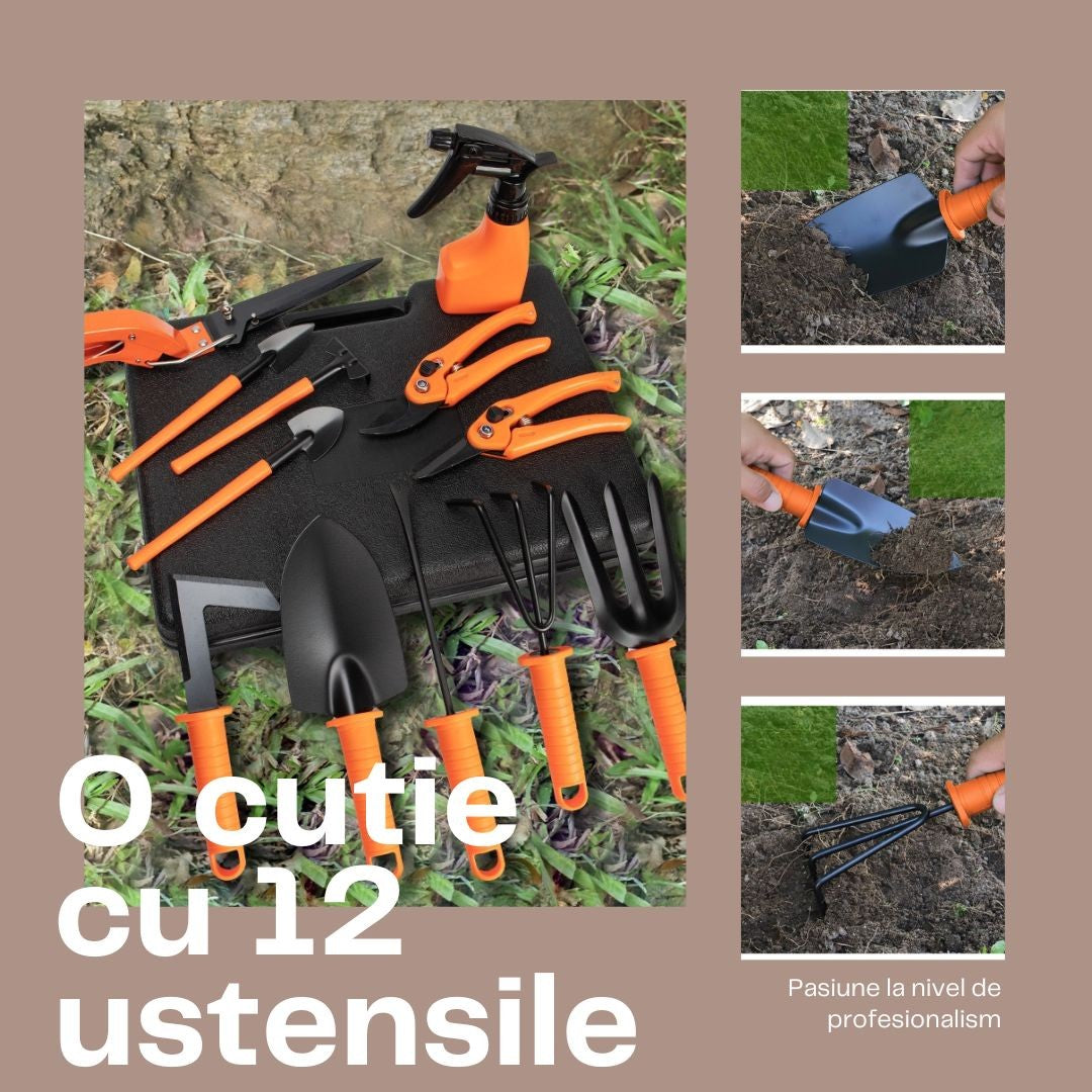 Set 12 accesorii pentru gradinarit Vivimall, geanta depozitare inclusa, otel inoxidabil, 37 x 27 cm, portocaliu - vivimall.ro
