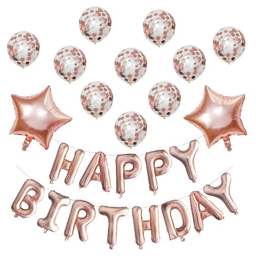 Set 12 Baloane si 1, Set pentru Aniversare, mesaj Happy Birthday, din folie de aluminiu, 30 -45 cm, Cu paiete, latex si folie, Rose Gold