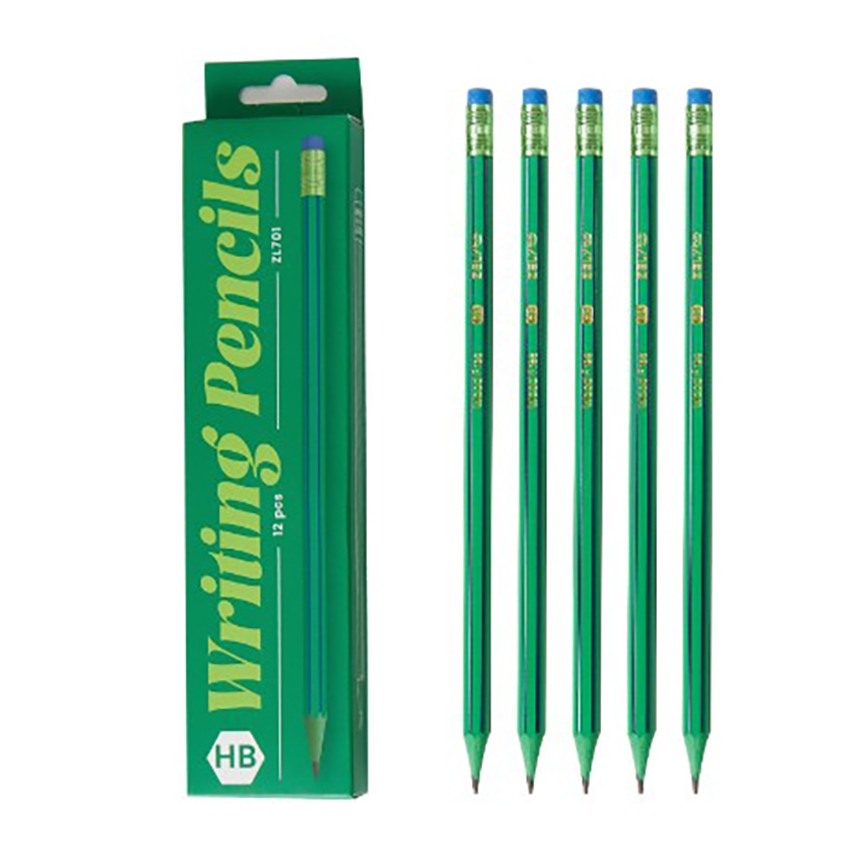 Set 12 Creioane Negre, Vivimall, HB, pentru Scoala, cu Radiera, Model Verde-Albastru, 19 cm - vivimall.ro