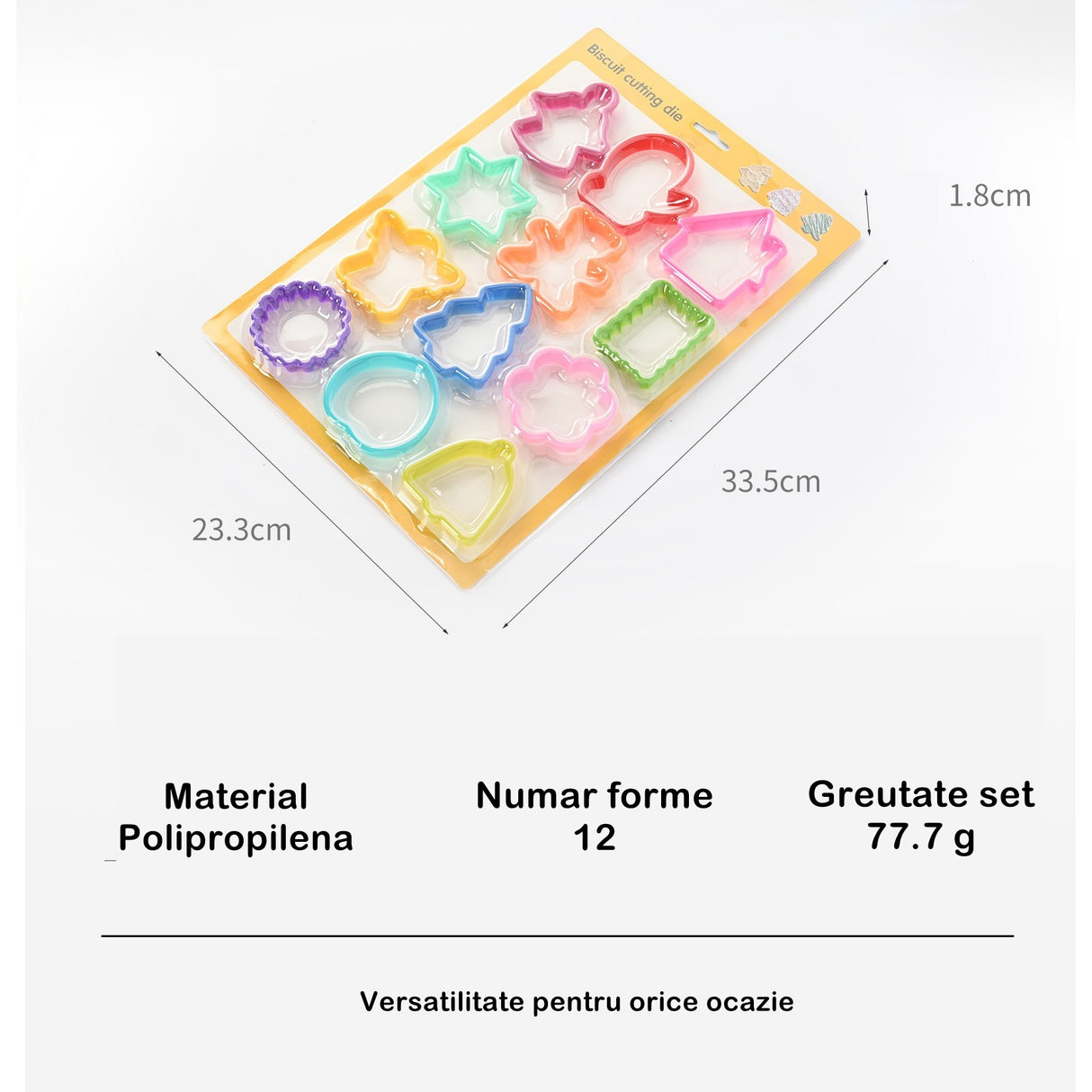 Set 12 forme pentru prajituri Vivimall, material polipropilena, diverse forme, pentru orice ocazie, adancime 1.6 cm, 23.3 x 33.5 x 1.8 cm, multicolor - vivimall.ro