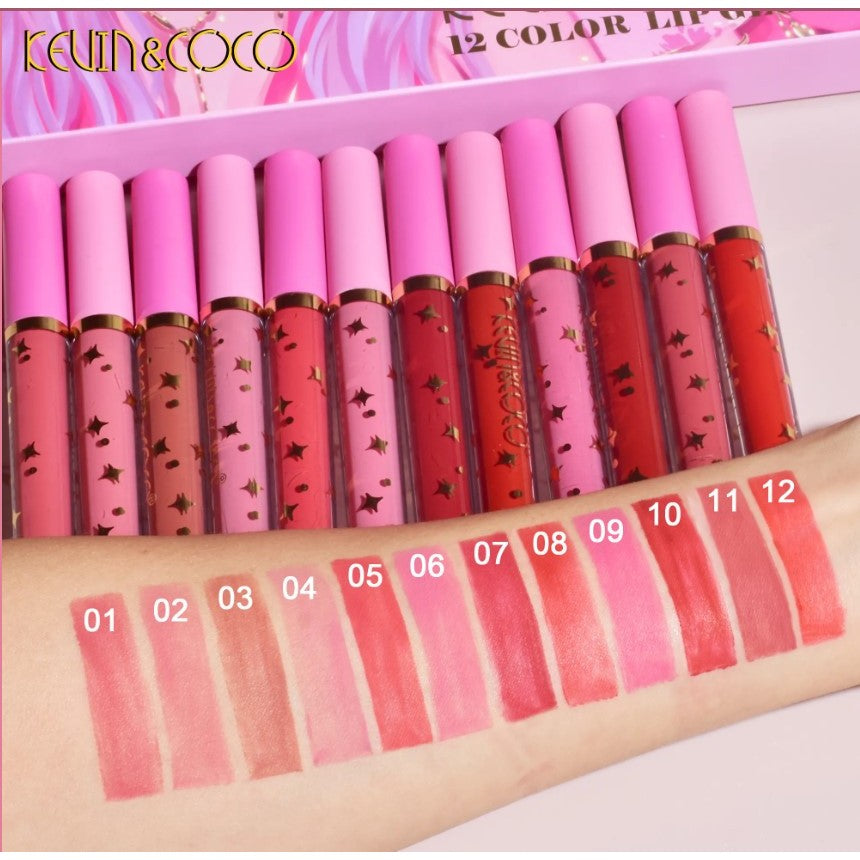 Set 12 Lip Gloss Kevin&Coco, nuante de rosu, rose, nude, roz, cutie dreptunghiulara, 26.5x16.5x2.2 cm, 200 g, multicolor - vivimall.ro