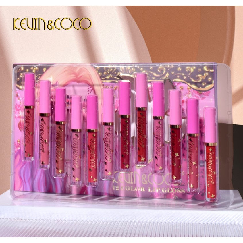 Set 12 Lip Gloss Kevin&Coco, nuante de rosu, rose, nude, roz, cutie dreptunghiulara, 26.5x16.5x2.2 cm, 200 g, multicolor - vivimall.ro