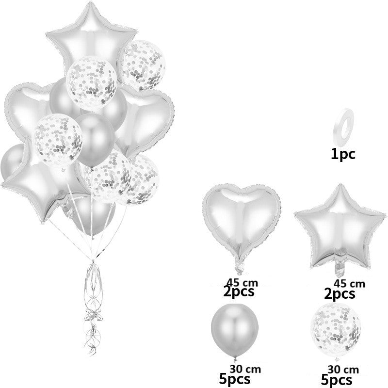Set 14 Baloane Din Folie Metalizată Si Din Latex, Figurine Stea Si Inima 45 Cm, Baloane Latex 30 Cm, Tema Buchet, Ambalaj Individual, Pai Inclus, Umflare Cu Aer Sau Heliu,