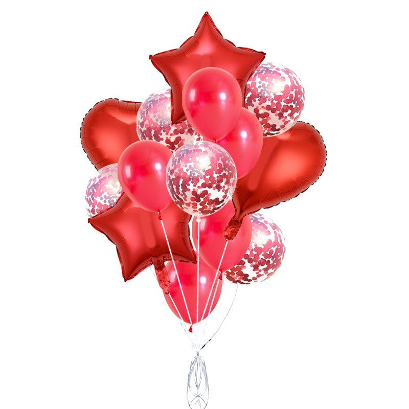 Set 14 Baloane Din Folie Metalizată Si Din Latex, Figurine Stea Si Inima 45 Cm, Baloane Latex 30 Cm, Tema Buchet, Ambalaj Individual, Pai Inclus, Umflare Cu Aer Sau Heliu,