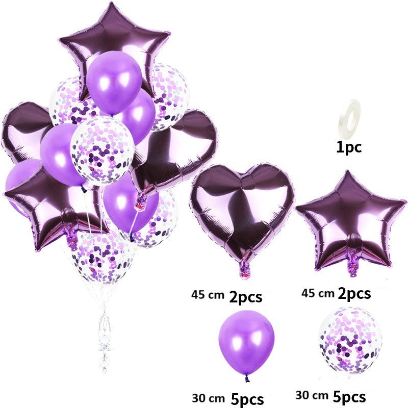 Set 14 Baloane Din Folie Metalizată Si Din Latex, Figurine Stea Si Inima 45 Cm, Baloane Latex 30 Cm, Tema Buchet, Ambalaj Individual, Pai Inclus, Umflare Cu Aer Sau Heliu,