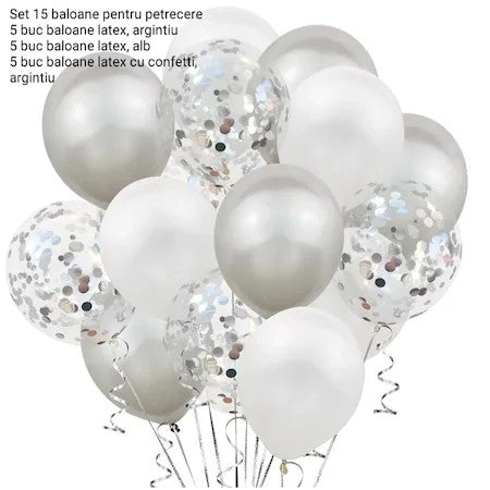 Set 15 baloane pentru petrecere, Flippy, alb/argintiu, 30 cm - vivimall.ro